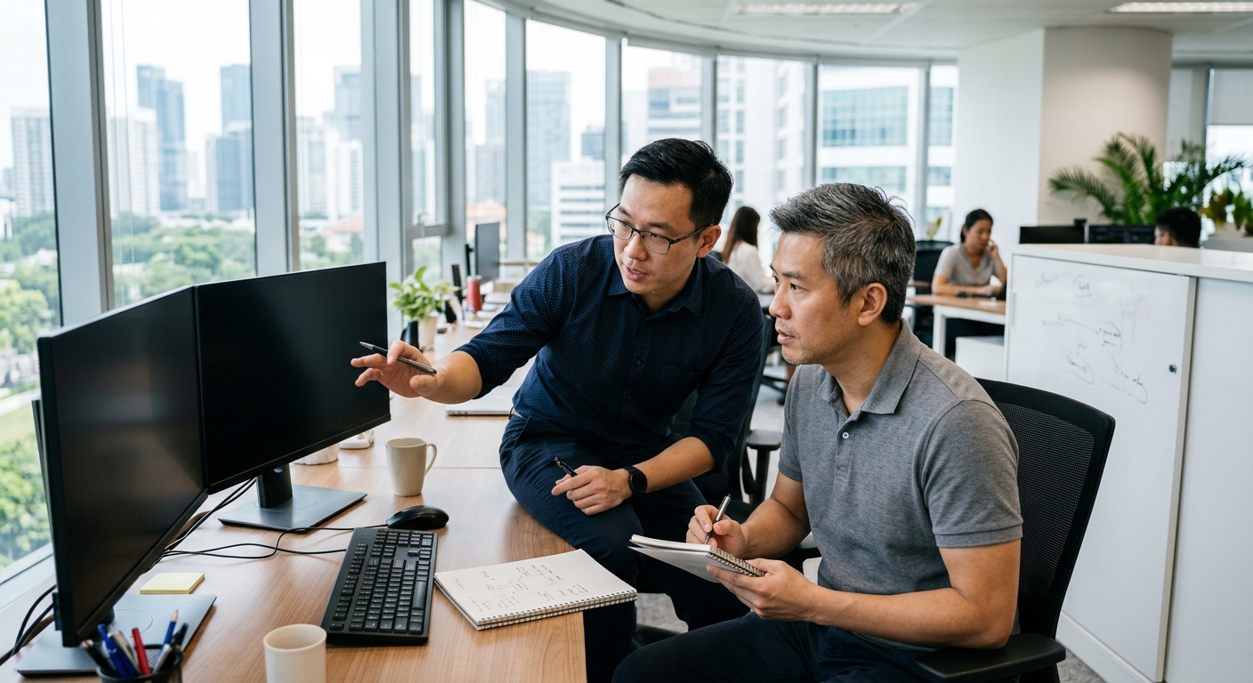 Two IT professionals collaborating on system configurations in an office.