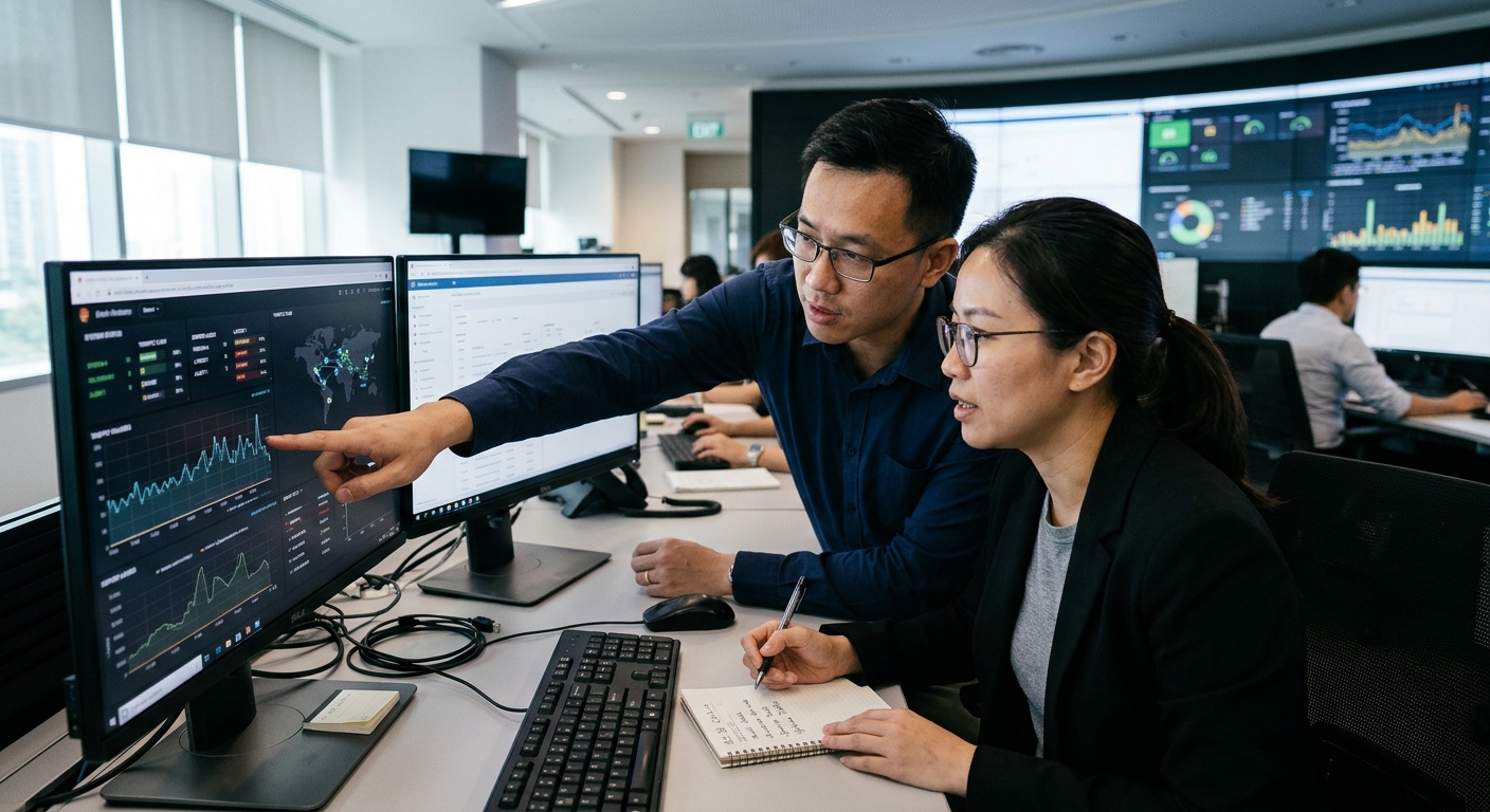 Two professionals analyzing data visualizations on dual monitors in a modern office.