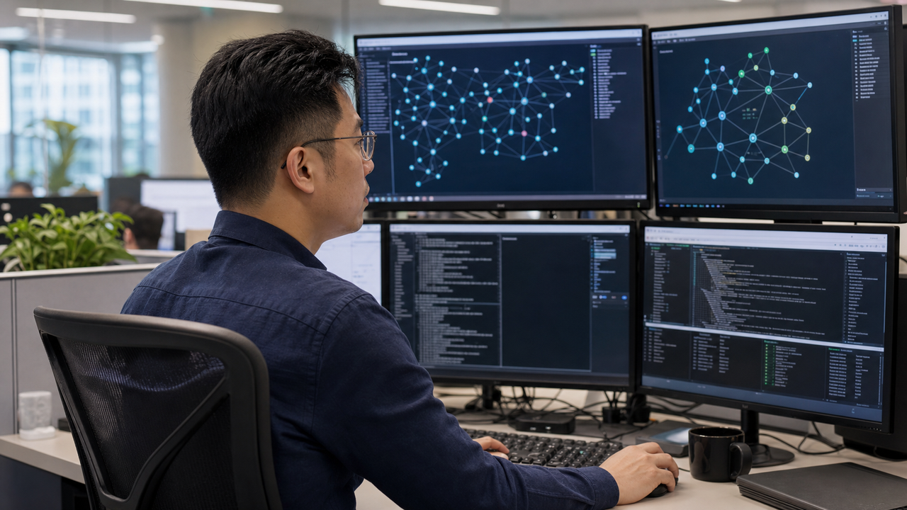 Platform engineer debugging network architecture on multiple office monitors.