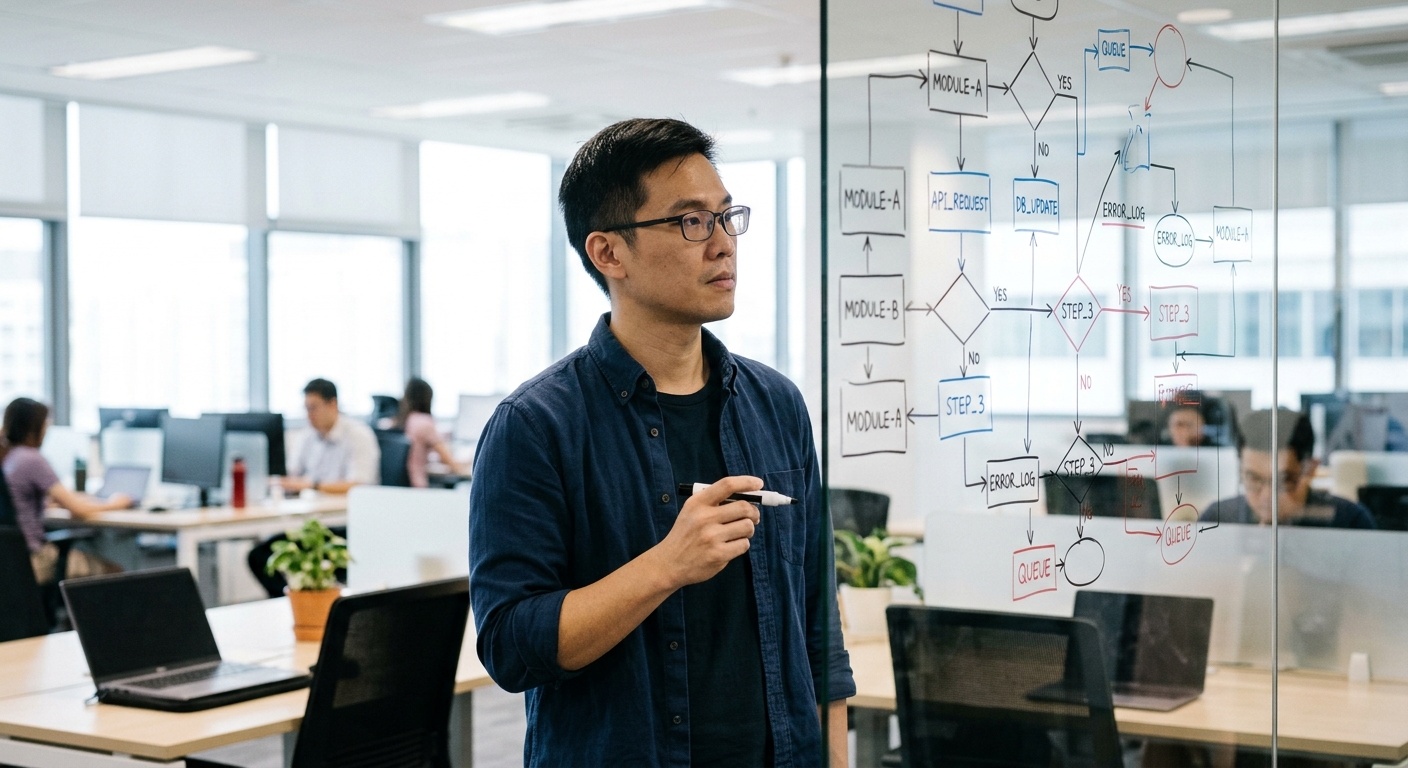 Male engineer analyzing geometric flow diagrams on a glass whiteboard.