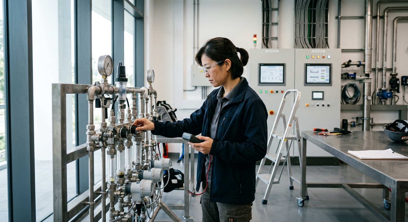 An engineer inspecting industrial water diagnostic equipment in a clean facility.