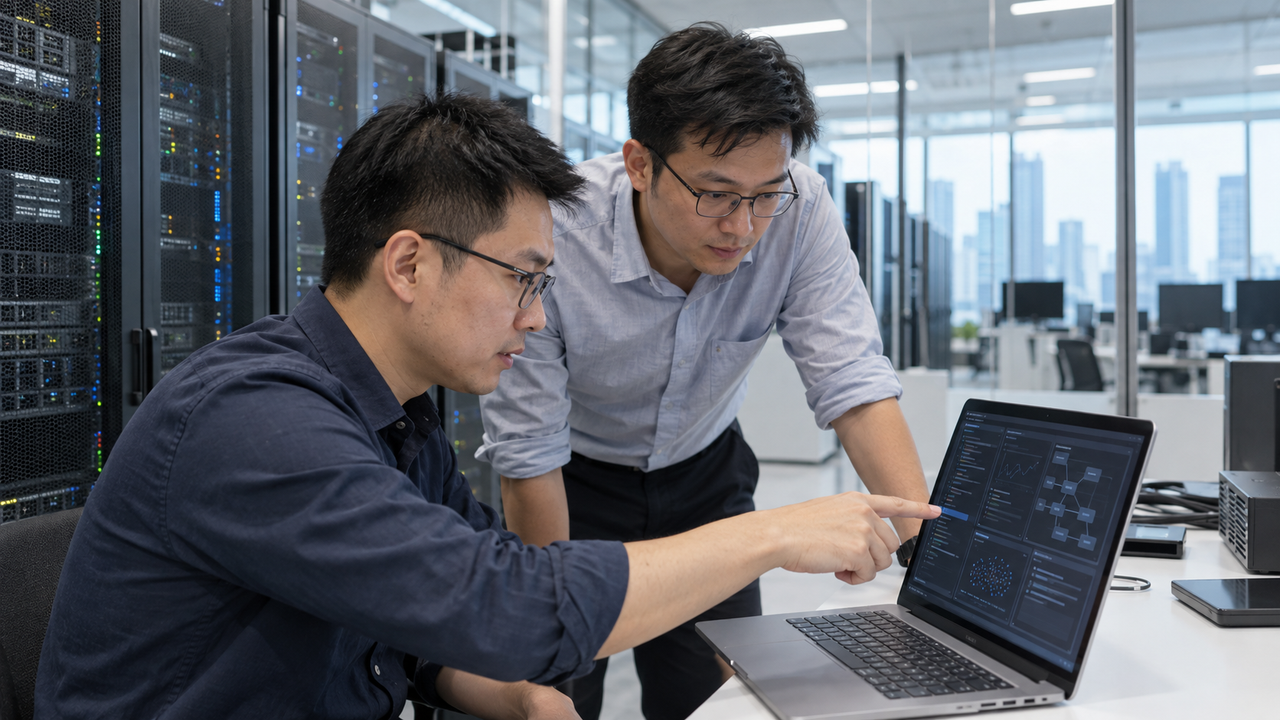 Two IT professionals examining a laptop screen together in a modern office.