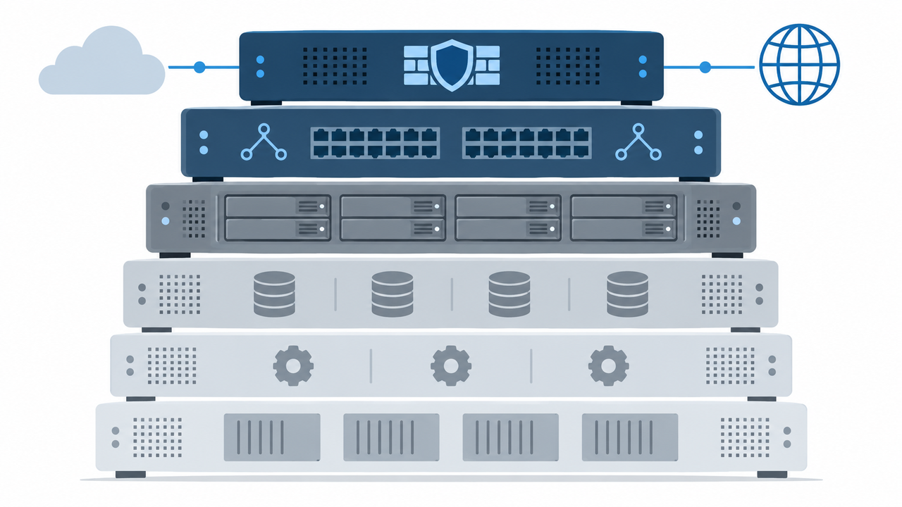 Clean technical illustration of a stacked layered matrix showing architectural hierarchy.
