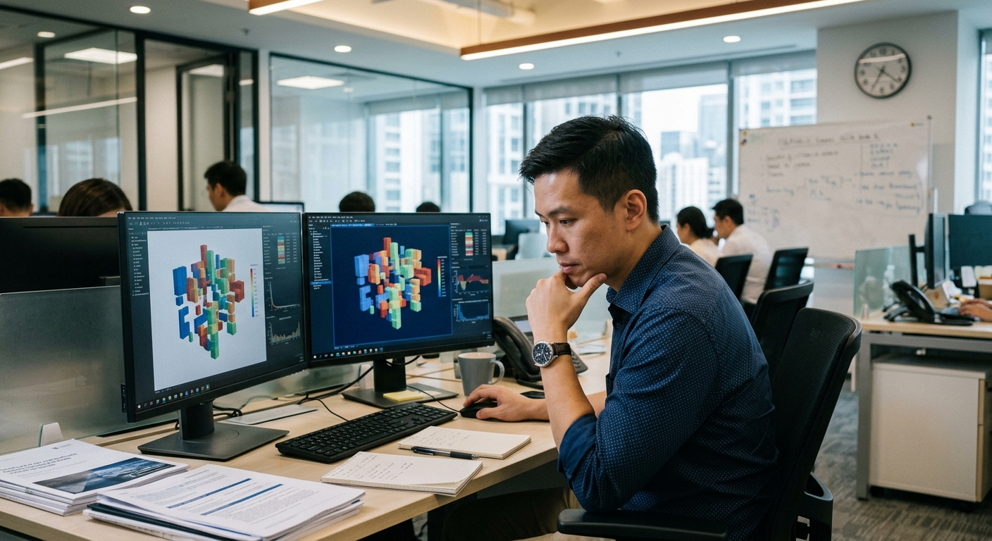 Professional reviewing differing data models on dual monitors in an office.