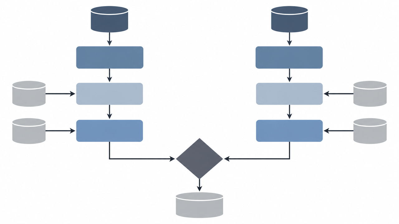 Technical illustration of two data pipelines flowing into a central verification node.