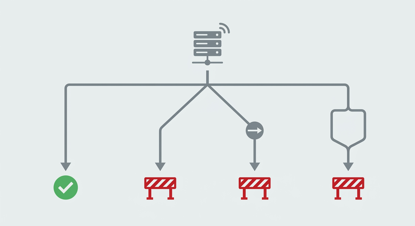 Technical illustration of a network testing matrix with pass and fail pathways.