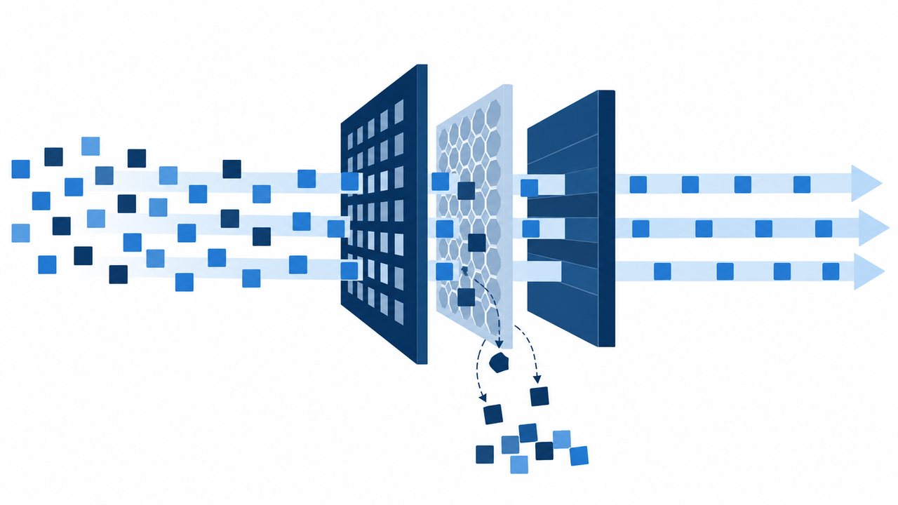 Clean technical illustration showing data packets filtered by a digital gateway.