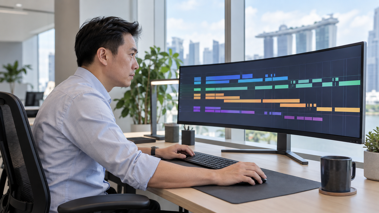IT professional reviewing visual timeline graphs on an ultra-wide computer monitor.