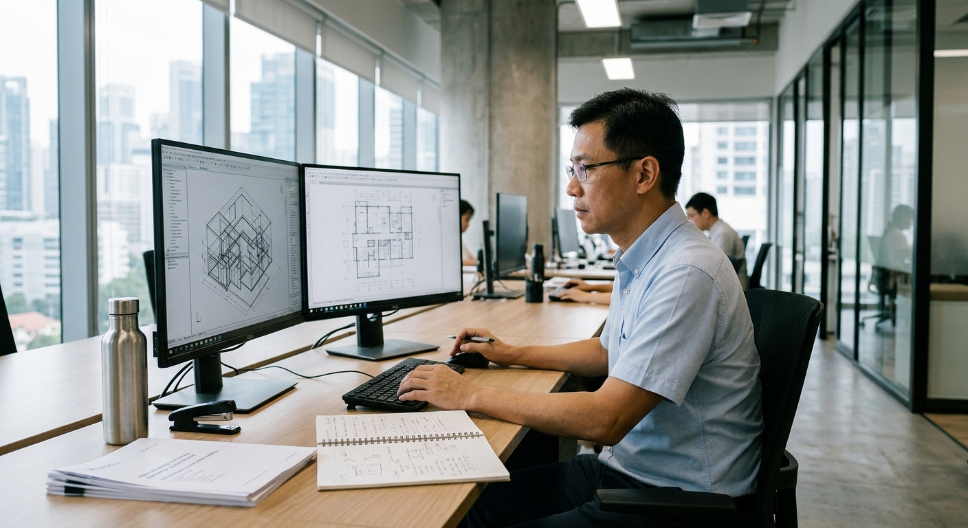 Compliance officer reviewing side-by-side wireframes on dual monitors in an office.