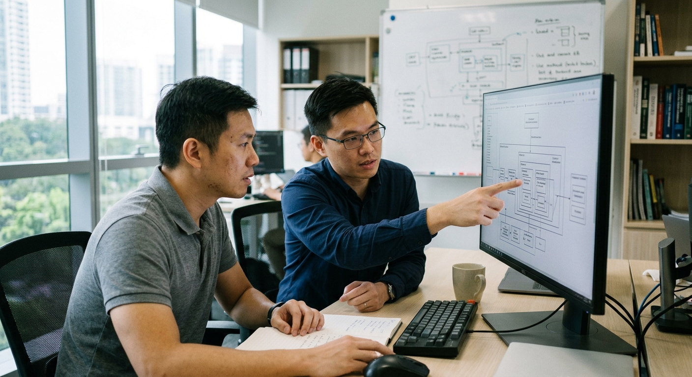 Two developers reviewing code on a vertical monitor in a modern office setting.
