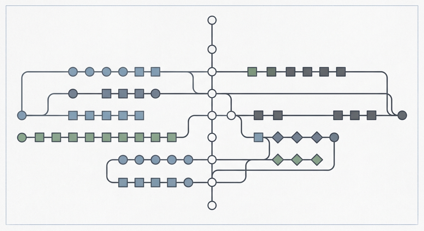 Technical illustration of a version control commit tree with distinct contribution nodes.