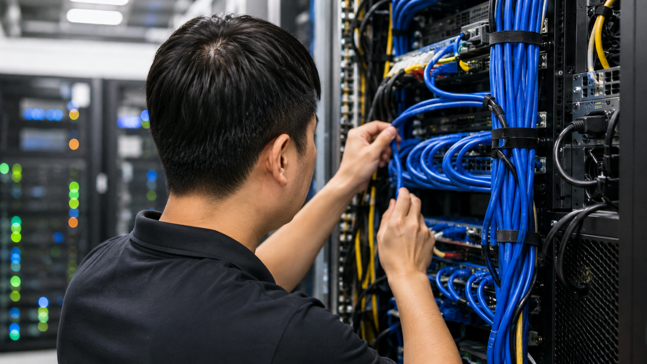 A network engineer inspecting physical ethernet cables in a brightly lit data center.