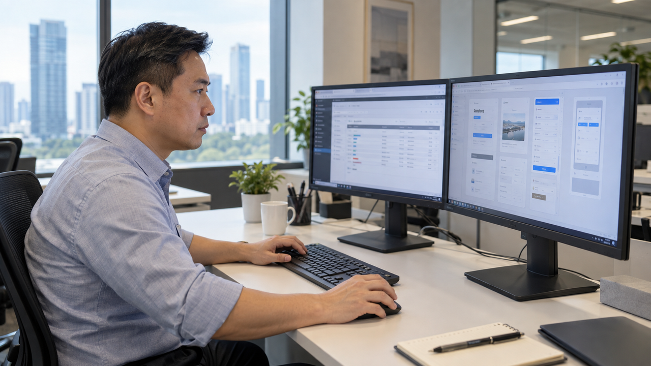 Singapore-Chinese male professional working at a dual-monitor workstation.