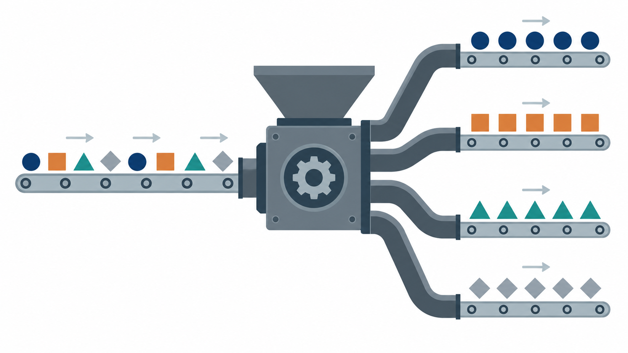 Technical illustration of data shapes routing through a central gateway.