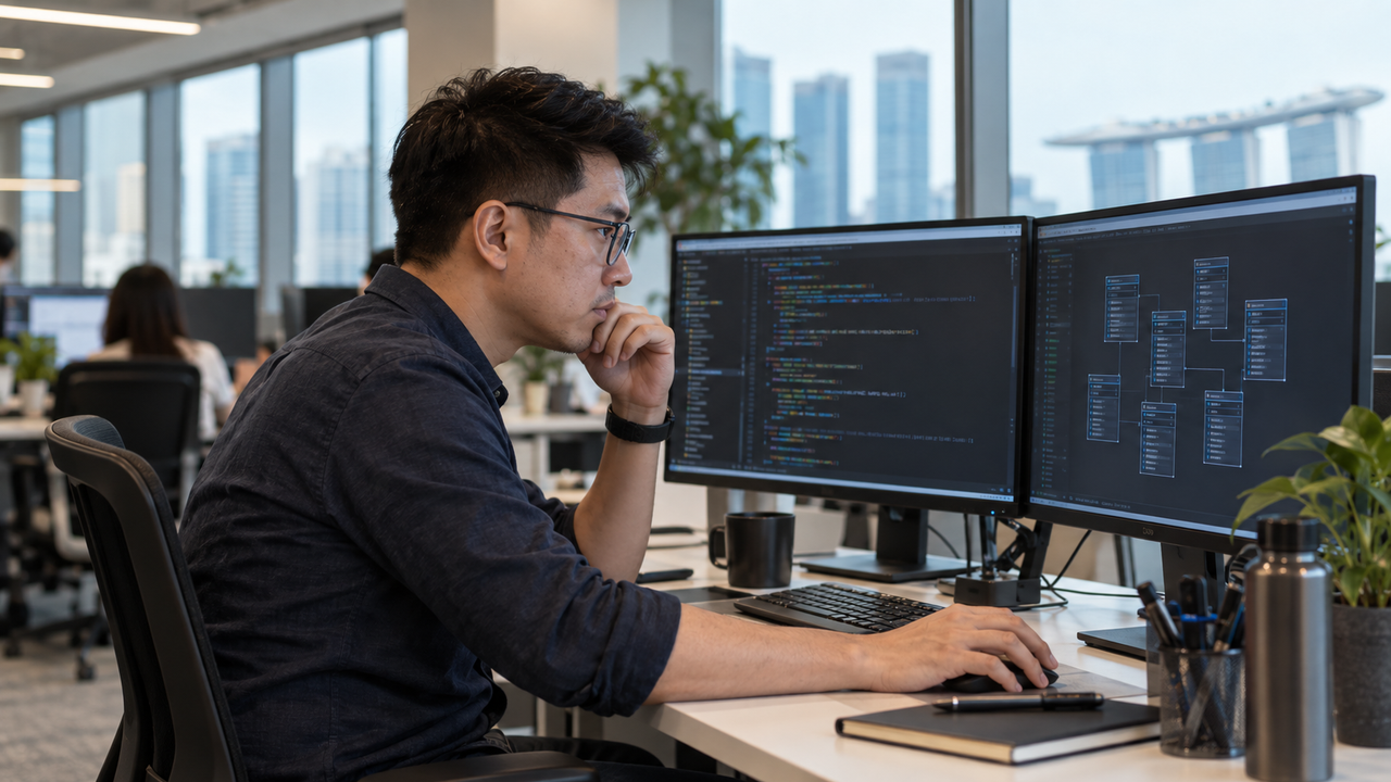 Software engineer intently analyzing screen data at a dual-monitor workstation.