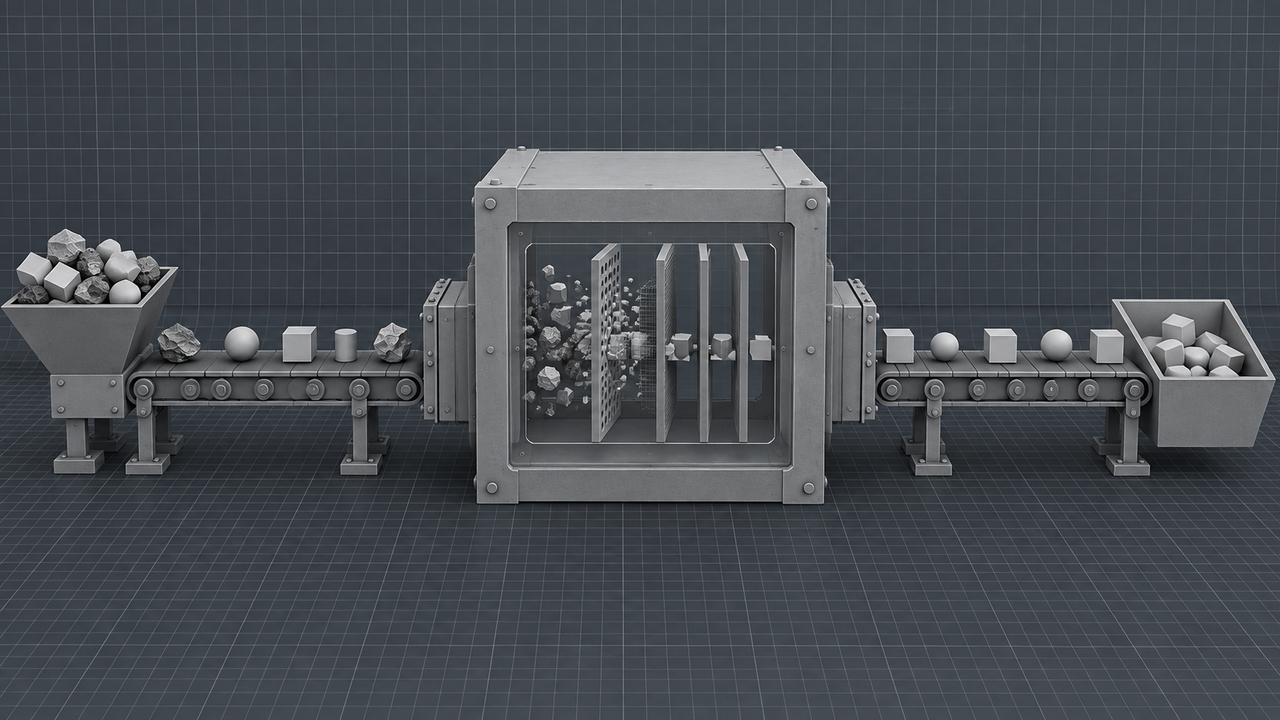 Technical illustration of a strict data filtration pipeline and secure gateway.
