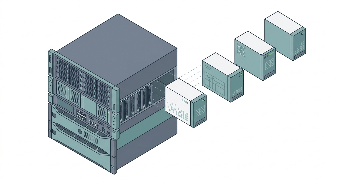 Isometric technical illustration of modular storage blocks detaching from a server.