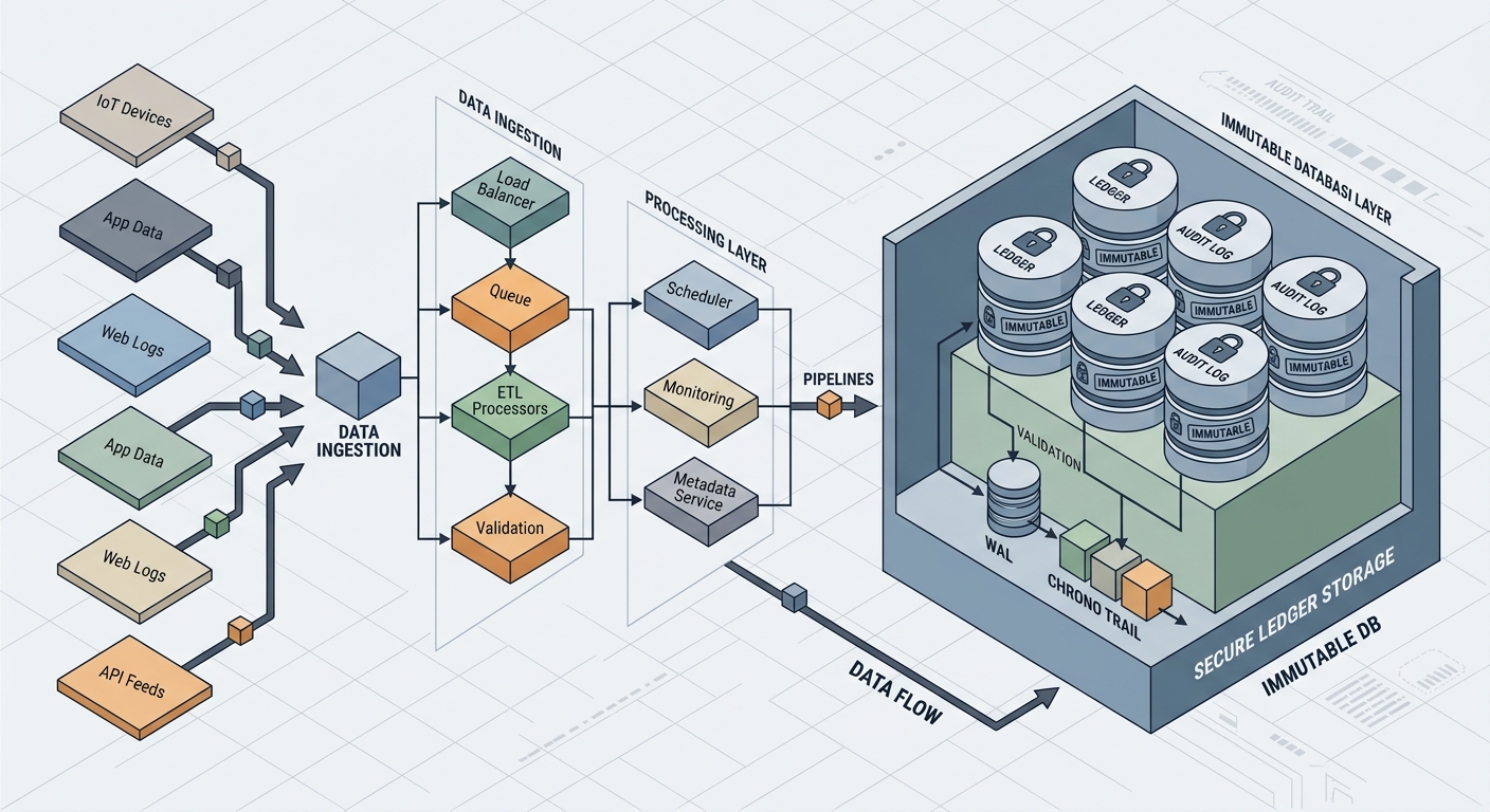 Technical illustration of data pipelines connecting to secure database storage blocks.