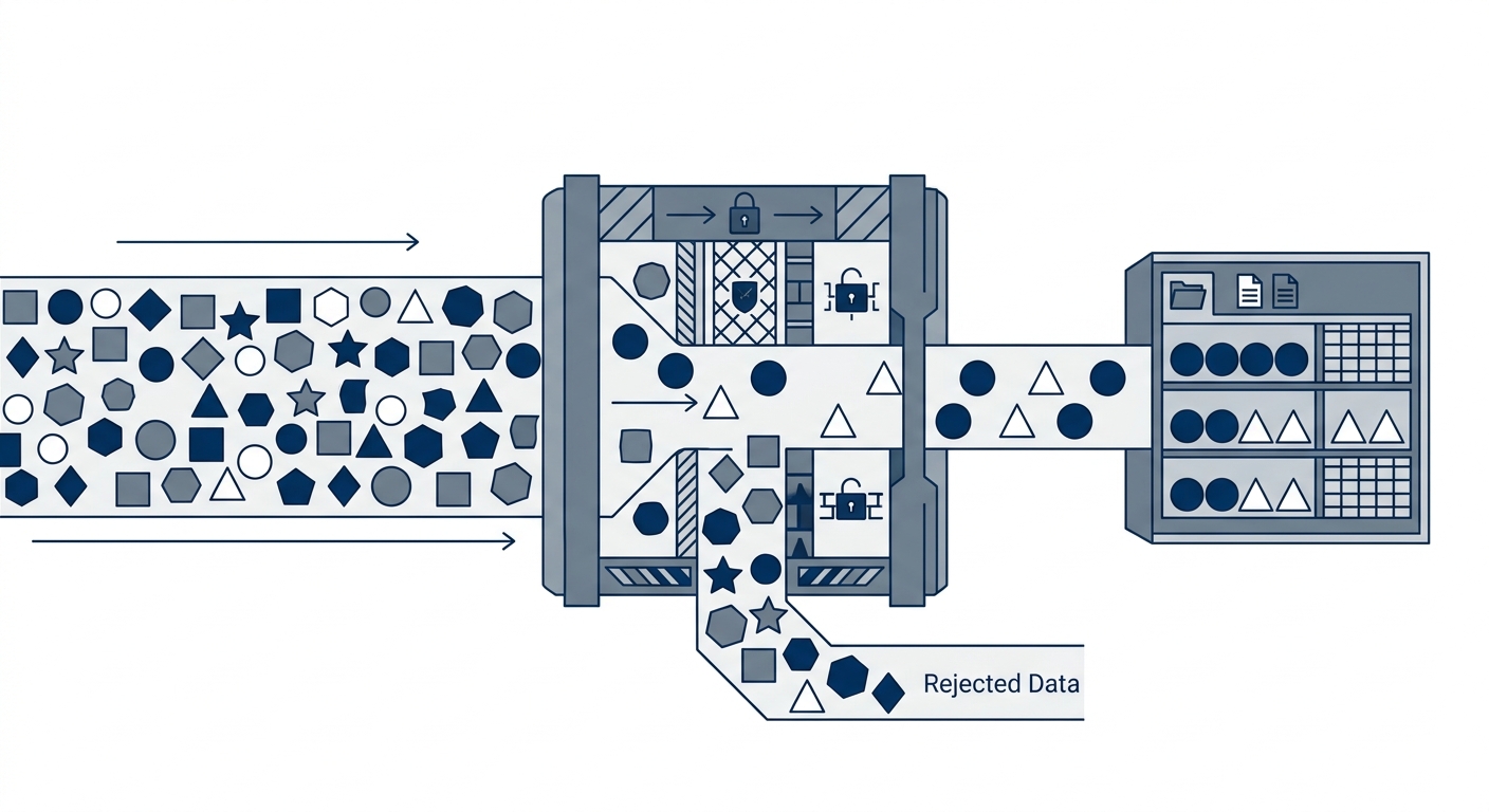 Clean technical illustration of shapes passing through a security filtration gateway.