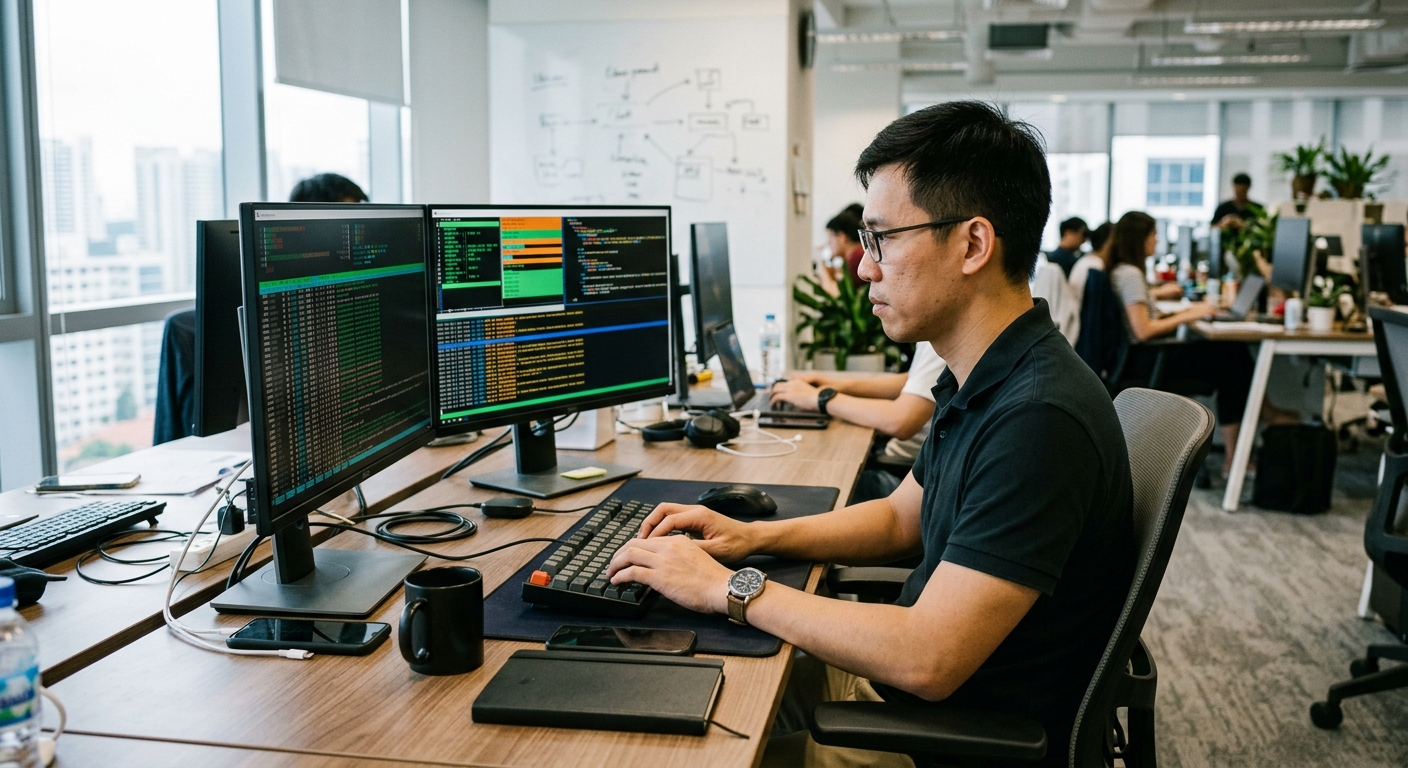 IT professional analyzing data on dual monitors in a modern office.
