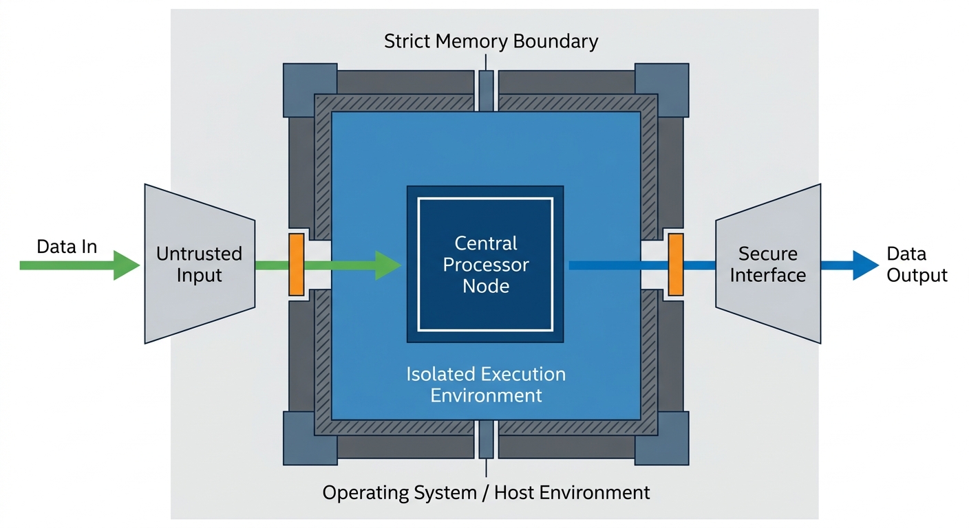 Technical diagram illustrating isolated memory and CPU boundaries.