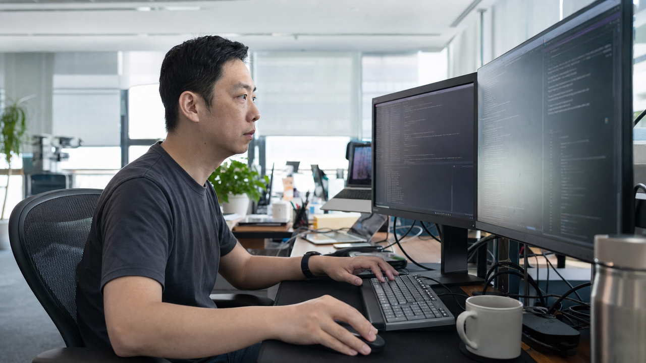 A software engineer focuses on reviewing system logs on a multi-monitor workstation.