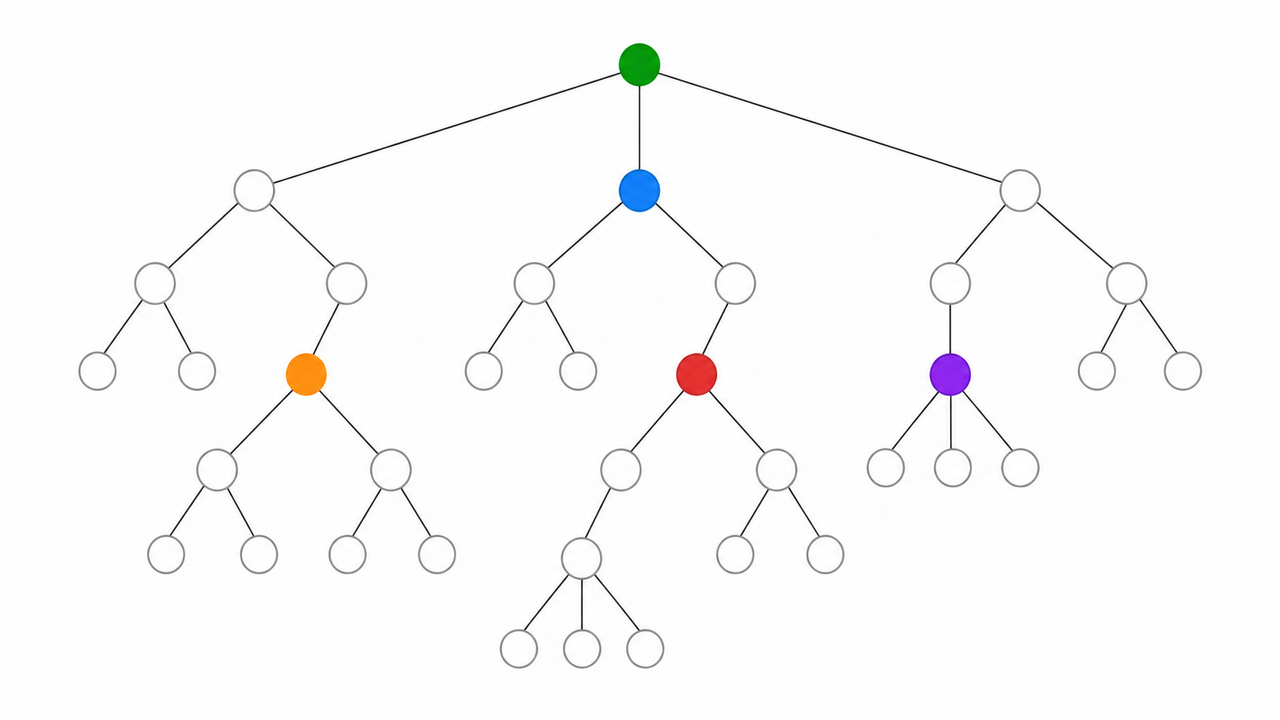 Technical illustration of a branching node tree showing evaluated and modified paths.