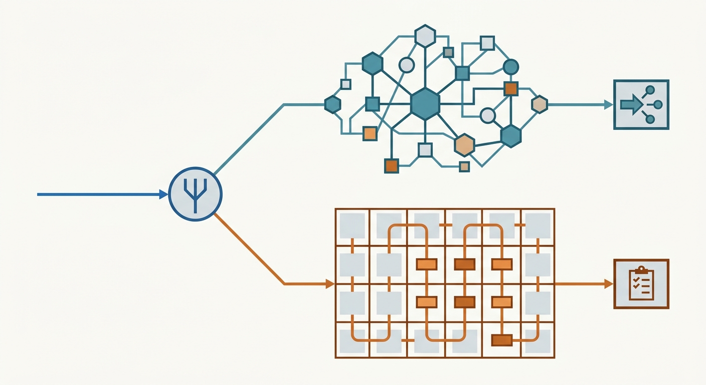 Technical illustration of a central network gateway splitting data into two paths.