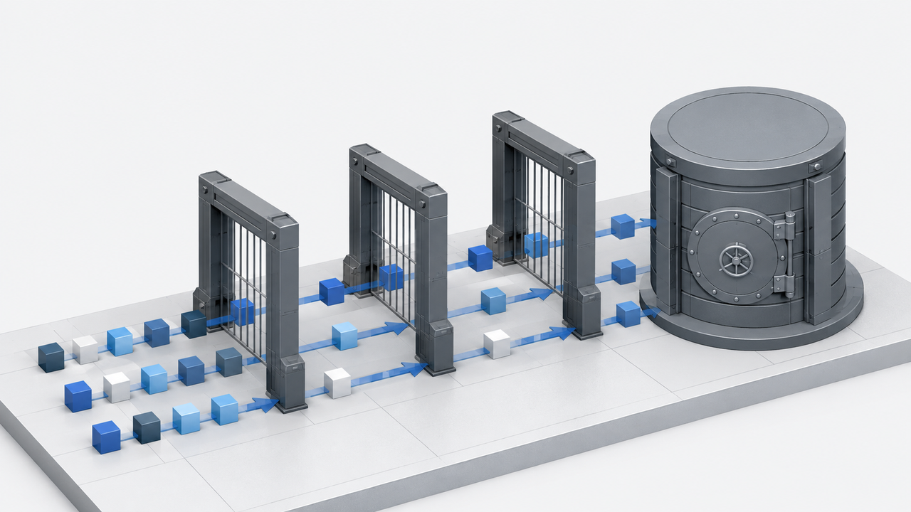 Isometric technical illustration of data blocks passing through three security gates.
